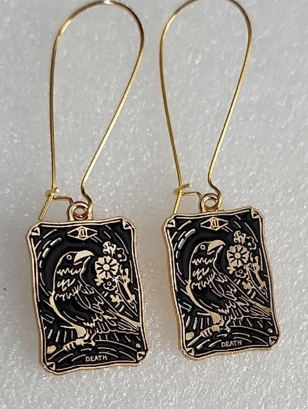 Hand Crafted Gold and Black Raven Tarot Drop Earrings